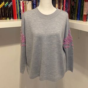 J. Crew Grey Sweater with Pink Sequin Floral Design